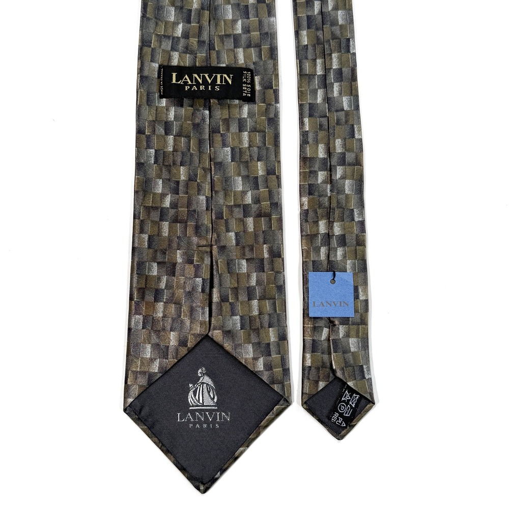 NWT Lanvin Paris Silk Tie Geometric Checkerboard Olive Green Grey Made in France